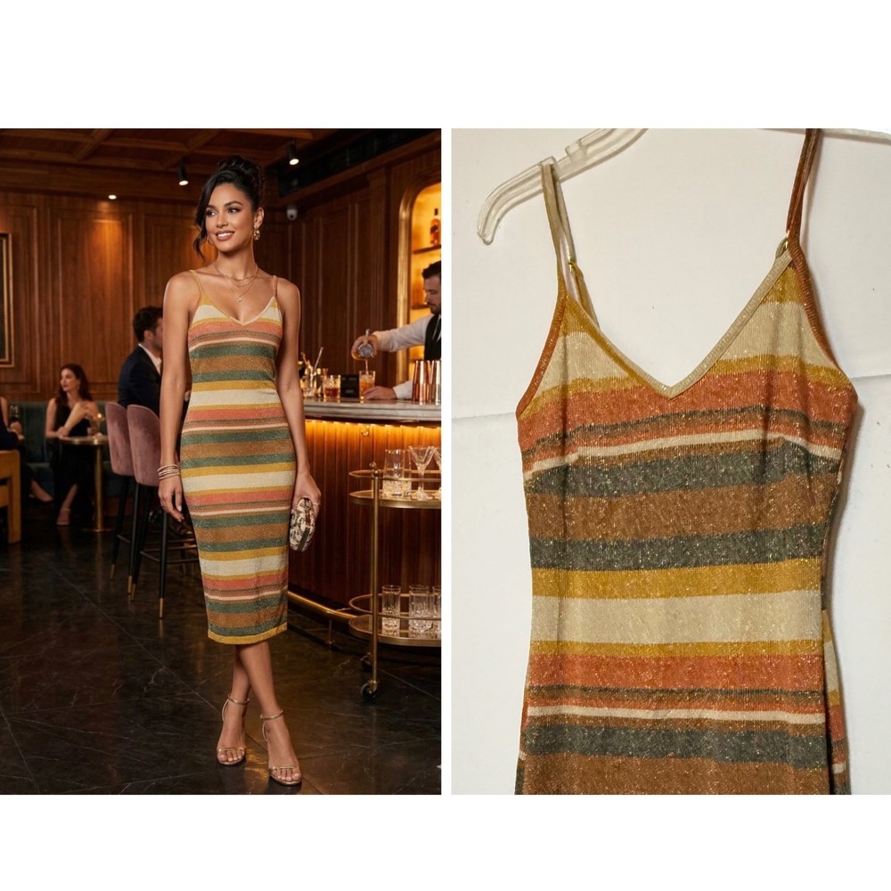 NWT Aramodu Midi Dress P S Multi Color Metallic Striped V-Neck Bodycon Nightout